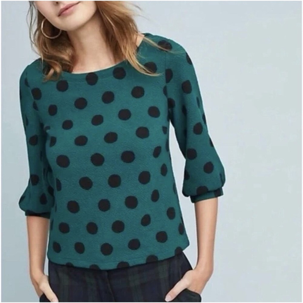 Maeve Anthropologie Green Black Polka Dot Pullover Top Large Blouse 3/4‎ Sleeve